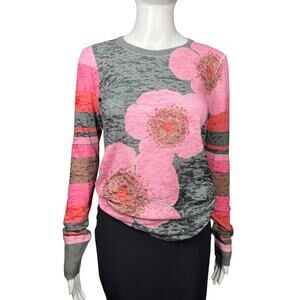 Before + Again Pink Gray Long Sleeve Patterned Floral Waffle Top Small